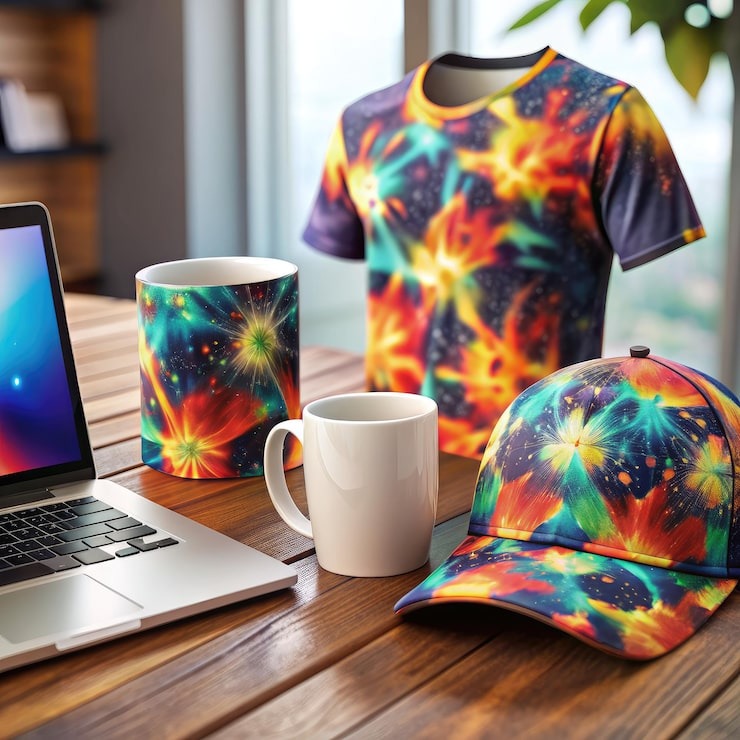 sublimated-mugs-caps-tshirts-wooden-table-generative-ai_437323-13345