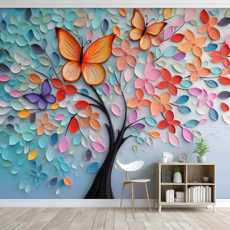 3d-interior-wall-art-with-multicolor-flowers-leaves-butterflies-tree_825692-2290