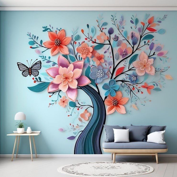 3d-interior-wall-art-with-multicolor-flowers-leaves-butterflies-tree_825692-2292